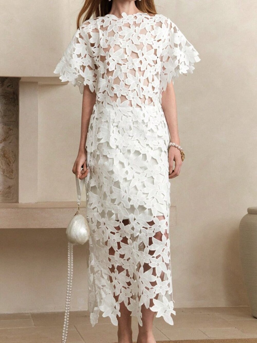 White Elegant Women's 3d Floral Lace Fabric Hollow Flower Pattern Skirt